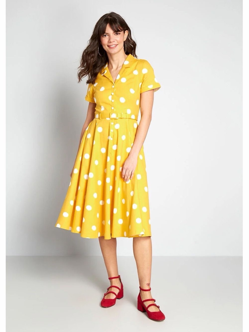 Modcloth x Collectif Yellow Polka Dot Shirtwaist Belted Midi Dress